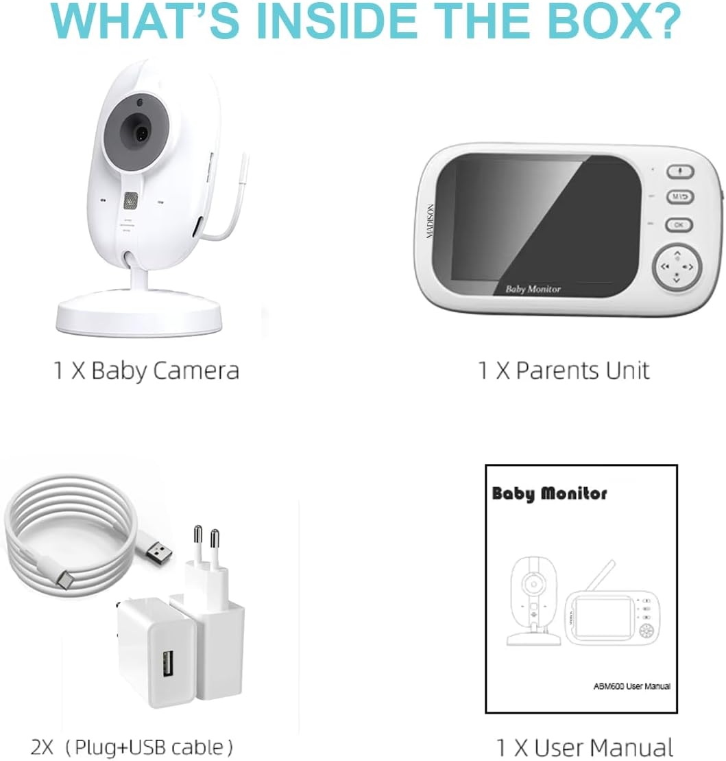 Wireless Baby Monitor, 9 cm LCD Display, 720P HD Camera, 360° Rotation, Night Vision, Two-Way Talk, Temperature Sensor