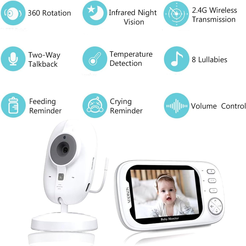 Wireless Baby Monitor, 9 cm LCD Display, 720P HD Camera, 360° Rotation, Night Vision, Two-Way Talk, Temperature Sensor