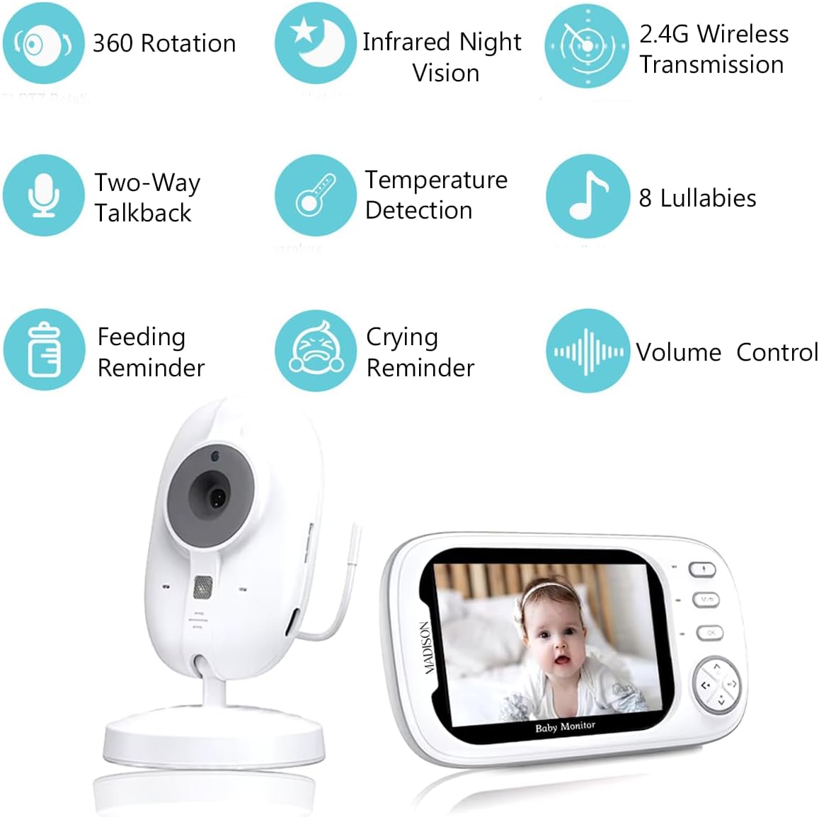 Wireless Baby Monitor, 9 cm LCD Display, 720P HD Camera, 360° Rotation, Night Vision, Two-Way Talk, Temperature Sensor