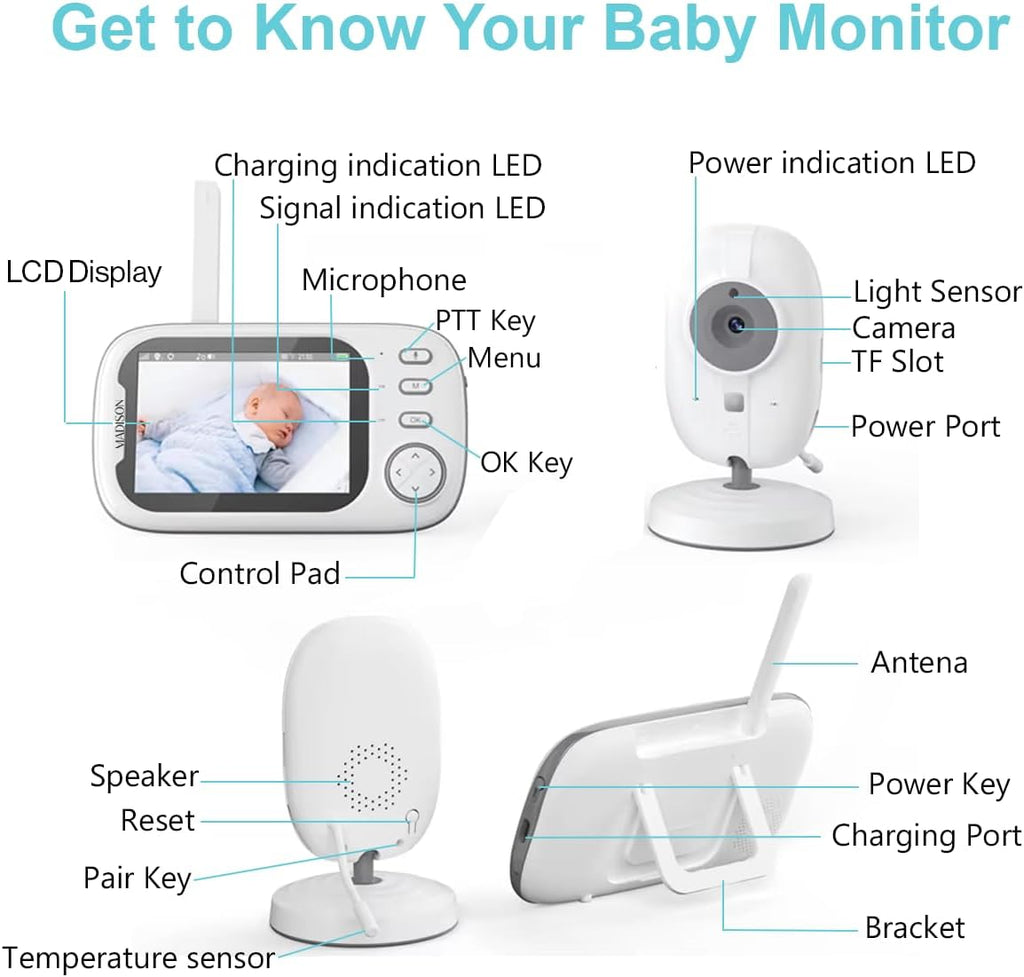Wireless Baby Monitor, 9 cm LCD Display, 720P HD Camera, 360° Rotation, Night Vision, Two-Way Talk, Temperature Sensor