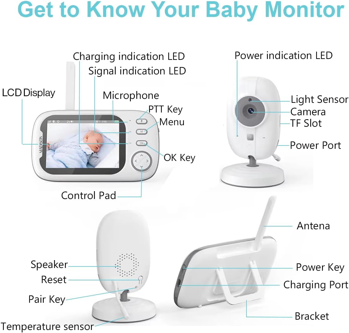 Wireless Baby Monitor, 9 cm LCD Display, 720P HD Camera, 360° Rotation, Night Vision, Two-Way Talk, Temperature Sensor