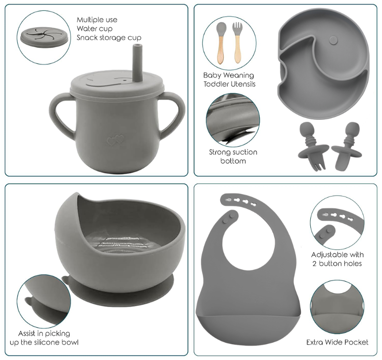 Complete Silicone Baby Feeding Set, Bib, Plate, Cup & Utensils