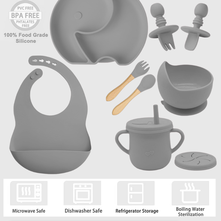 Complete Silicone Baby Feeding Set, Bib, Plate, Cup & Utensils